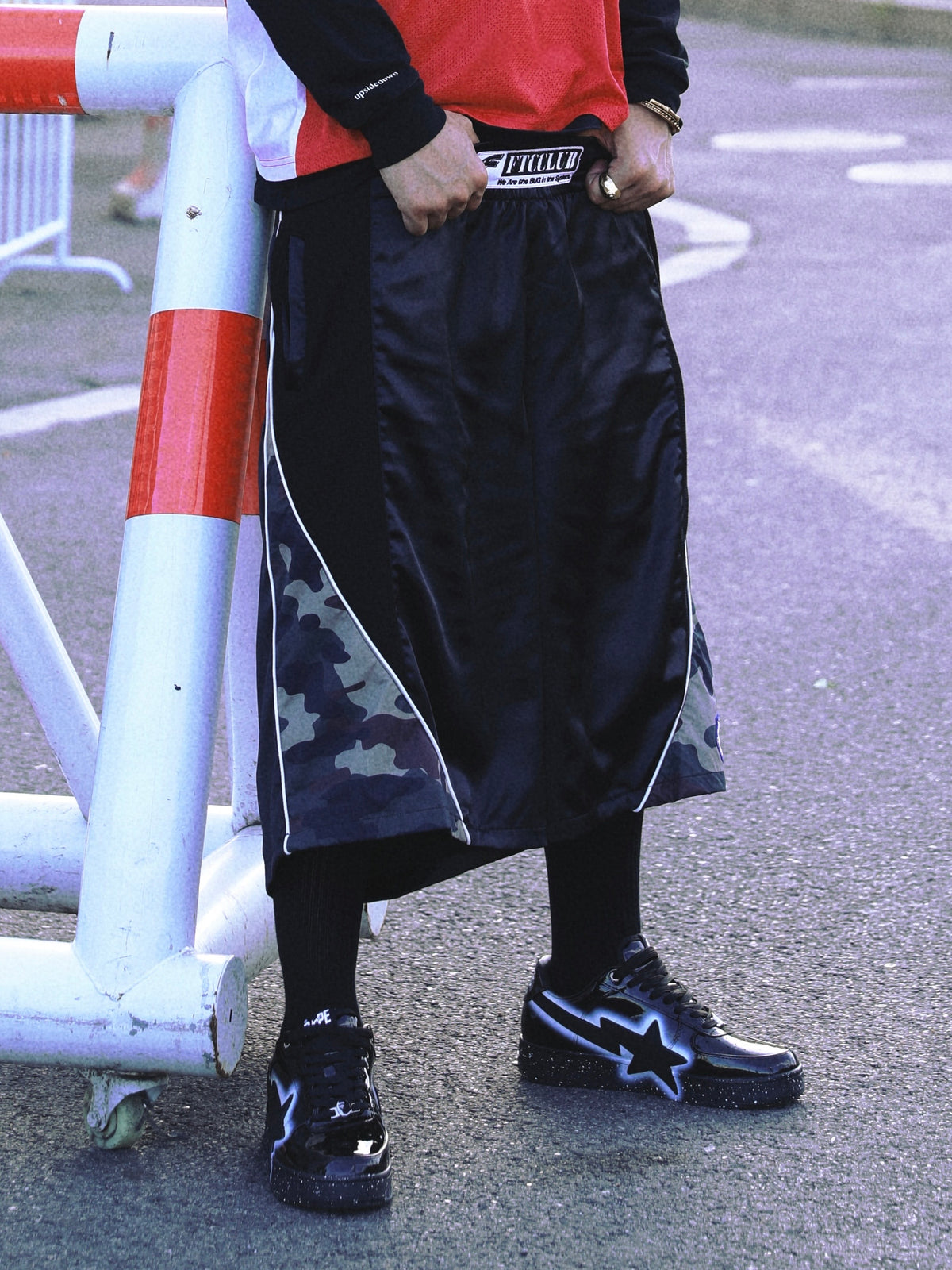 FTCC 26FW Satin Waffle Camo Patchwork Cropped‑Length Pants