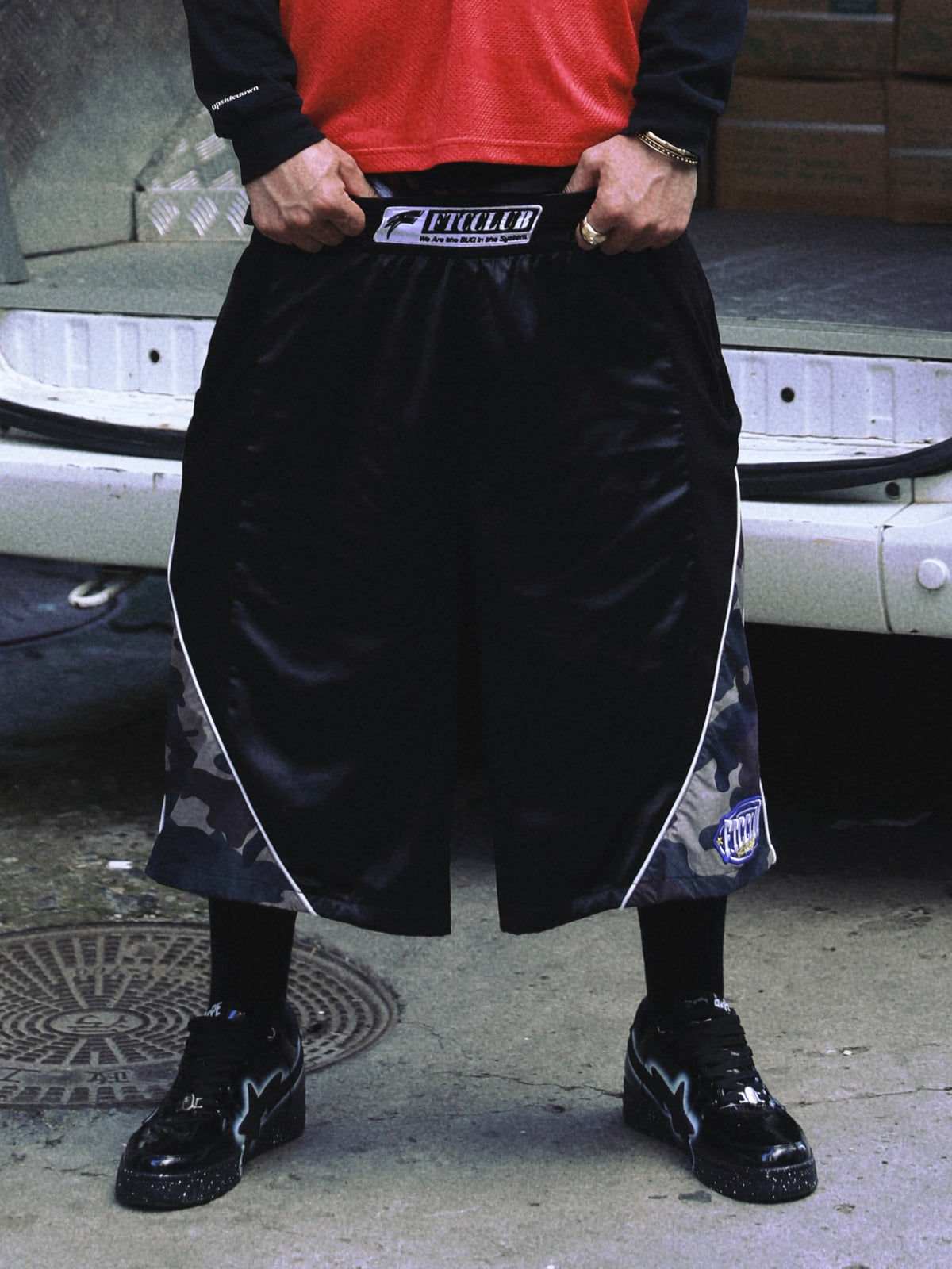 FTCC 26FW Satin Waffle Camo Patchwork Cropped‑Length Pants