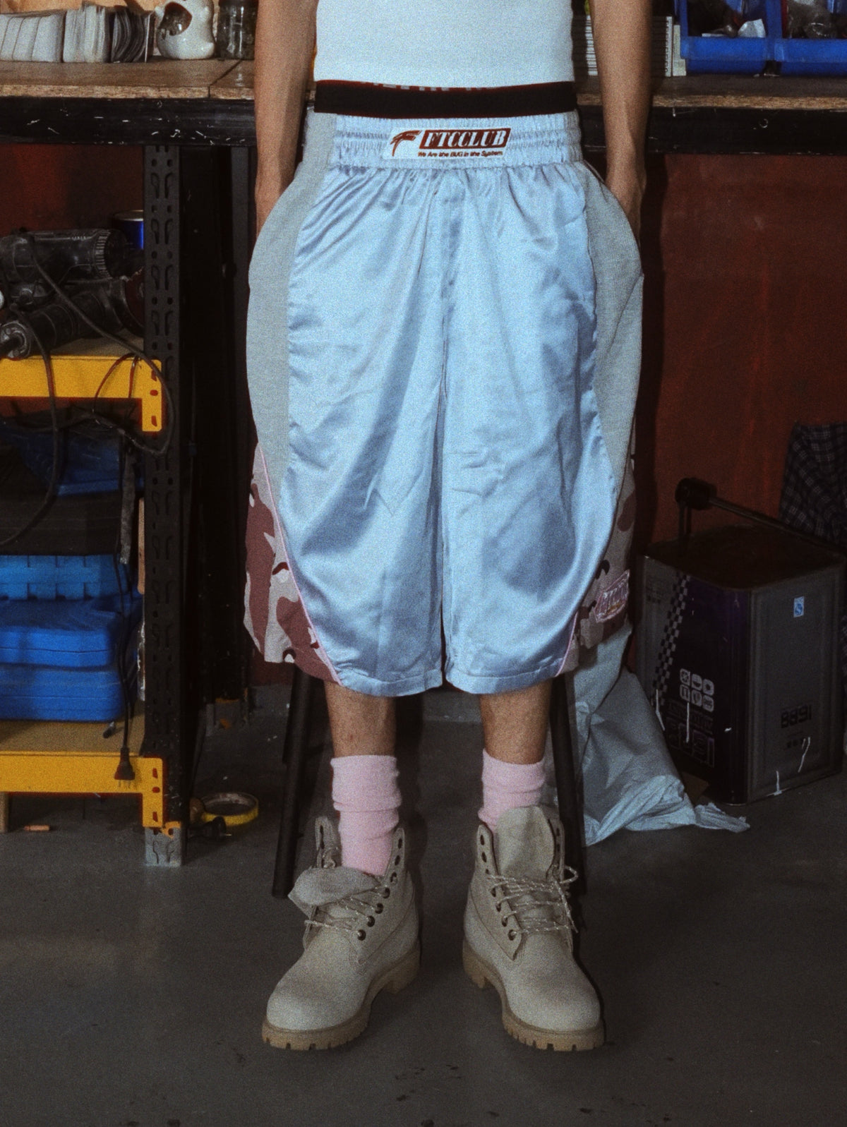 FTCC 26FW Satin Waffle Camo Patchwork Cropped‑Length Pants